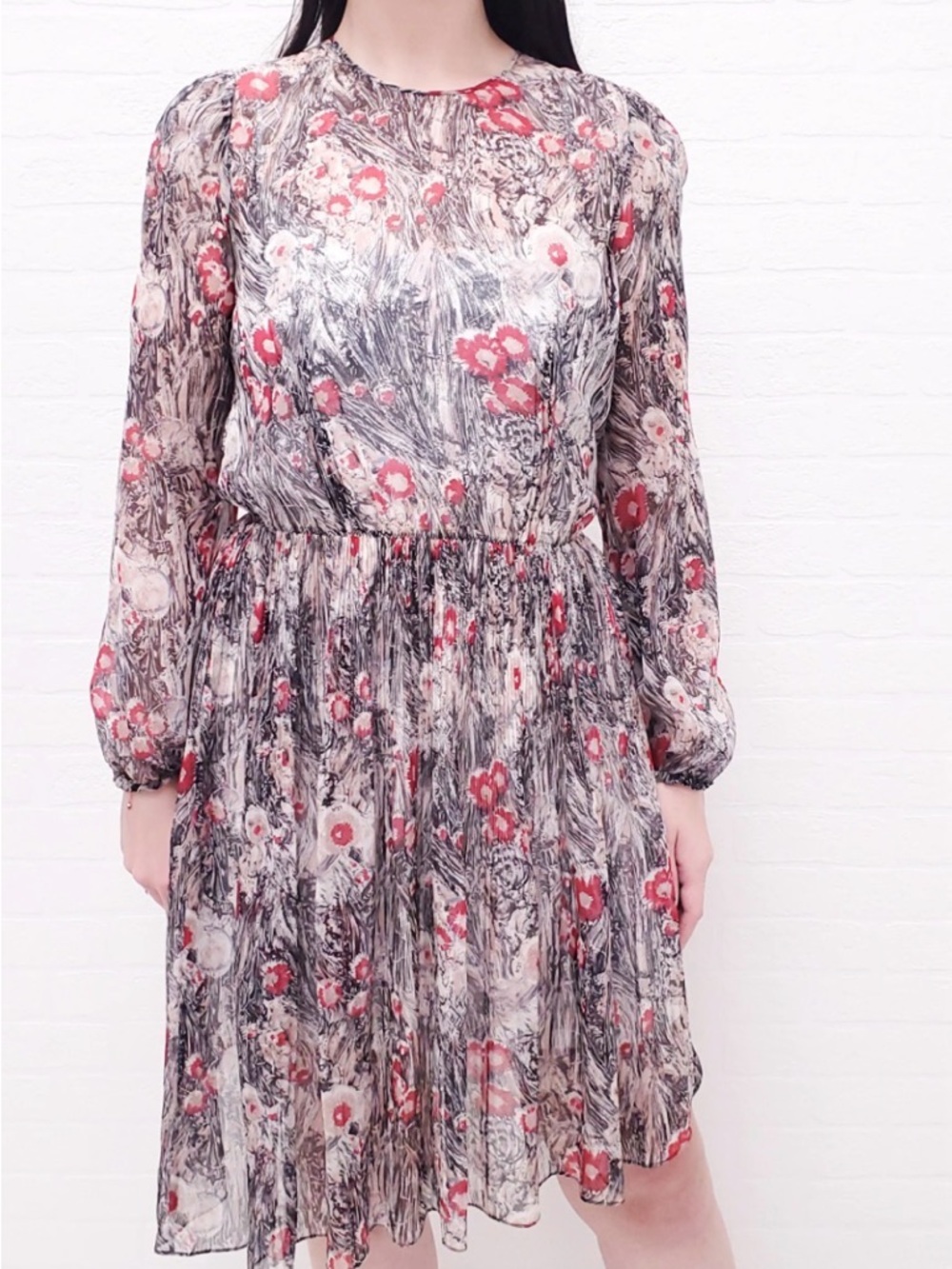 Women's Long-Sleeve Floral Chiffon Dress — Red & Cream size 38 100%Silk